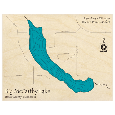 Bathymetric topo map of Big McCarthy Lake with roads, towns and depths noted in blue water