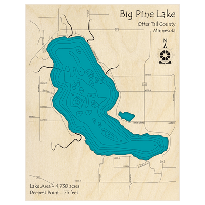 Bathymetric topo map of Big Pine Lake with roads, towns and depths noted in blue water
