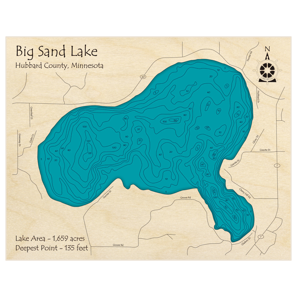 Bathymetric topo map of Big Sand Lake with roads, towns and depths noted in blue water