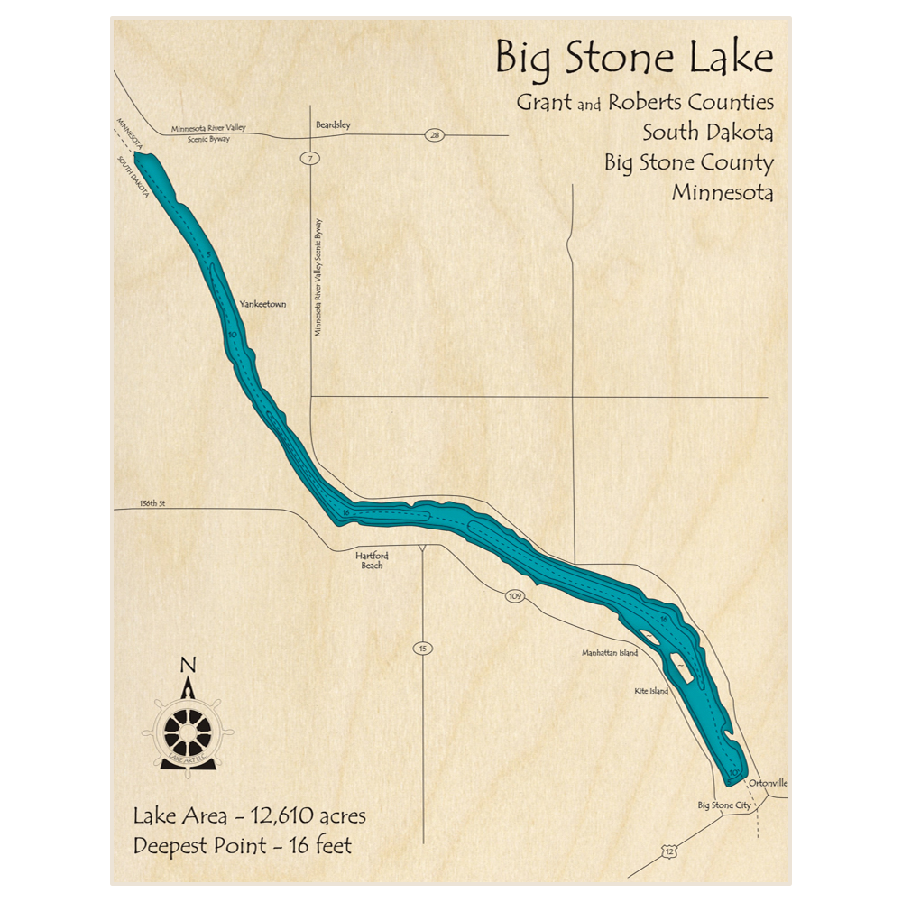 Bathymetric topo map of Big Stone Lake with roads, towns and depths noted in blue water