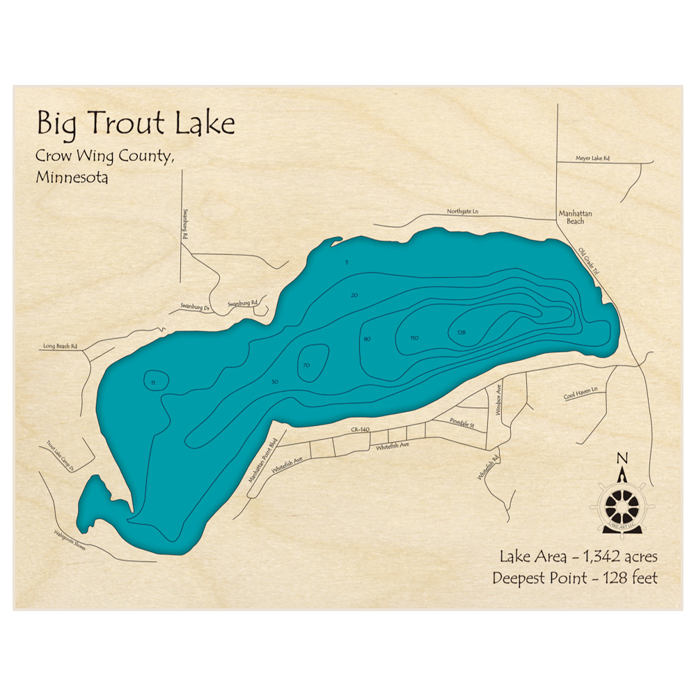 Bathymetric topo map of Big Trout Lake with roads, towns and depths noted in blue water