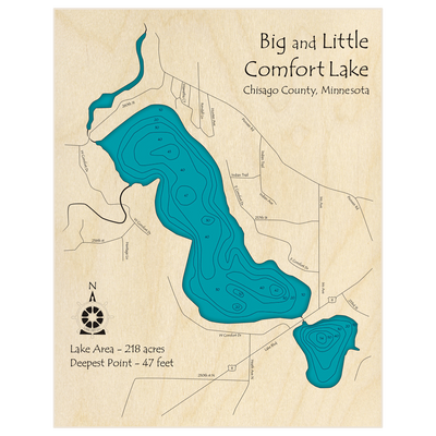 Bathymetric topo map of Comfort Lakes (Big and Little) with roads, towns and depths noted in blue water