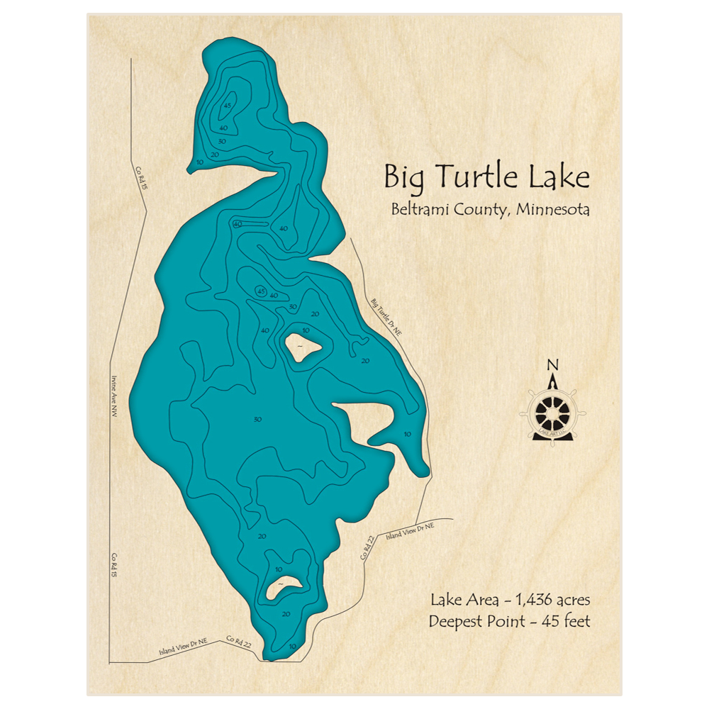 Bathymetric topo map of Big Turtle Lake with roads, towns and depths noted in blue water