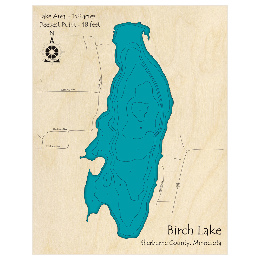 Bathymetric topo map of Birch Lake with roads, towns and depths noted in blue water