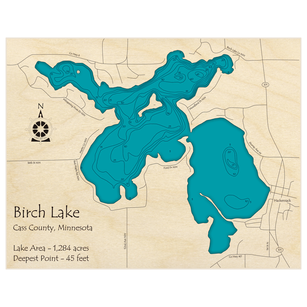 Bathymetric topo map of Birch Lake (Near Hackensack) with roads, towns and depths noted in blue water