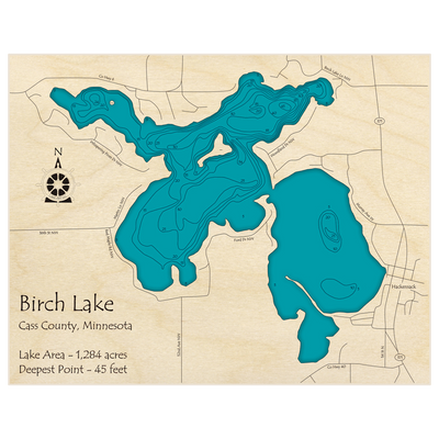 Bathymetric topo map of Birch Lake (Near Hackensack) with roads, towns and depths noted in blue water