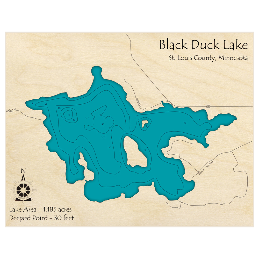 Bathymetric topo map of Black Duck Lake with roads, towns and depths noted in blue water