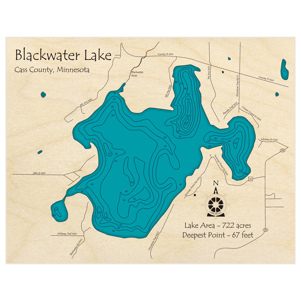Bathymetric topo map of Blackwater Lake with roads, towns and depths noted in blue water