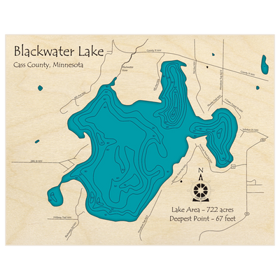 Bathymetric topo map of Blackwater Lake with roads, towns and depths noted in blue water