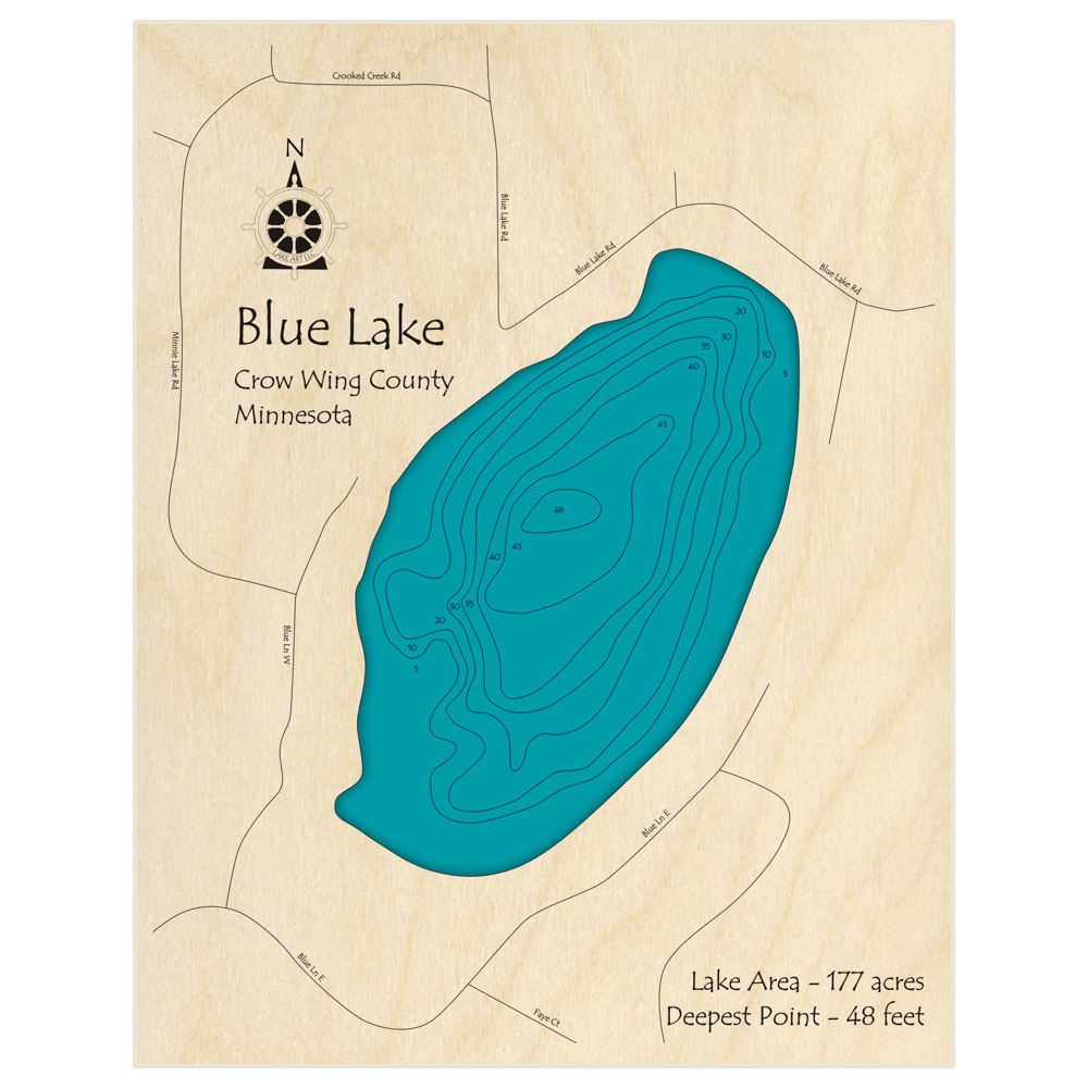 Bathymetric topo map of Blue Lake with roads, towns and depths noted in blue water