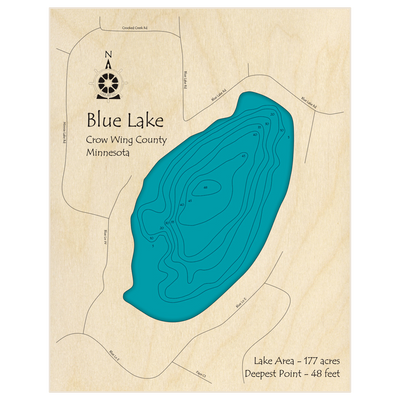 Bathymetric topo map of Blue Lake with roads, towns and depths noted in blue water