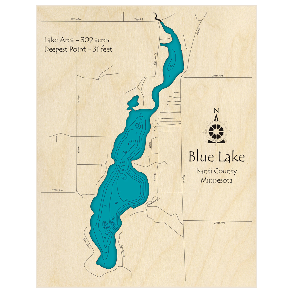 Bathymetric topo map of Blue Lake with roads, towns and depths noted in blue water