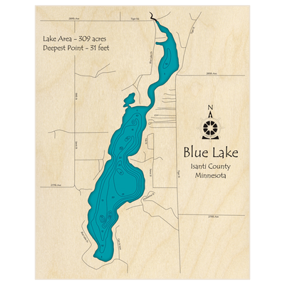 Bathymetric topo map of Blue Lake with roads, towns and depths noted in blue water