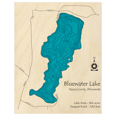 Bathymetric topo map of Bluewater Lake with roads, towns and depths noted in blue water