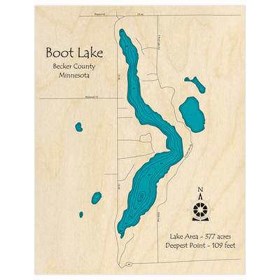 Bathymetric topo map of Boot Lake with roads, towns and depths noted in blue water