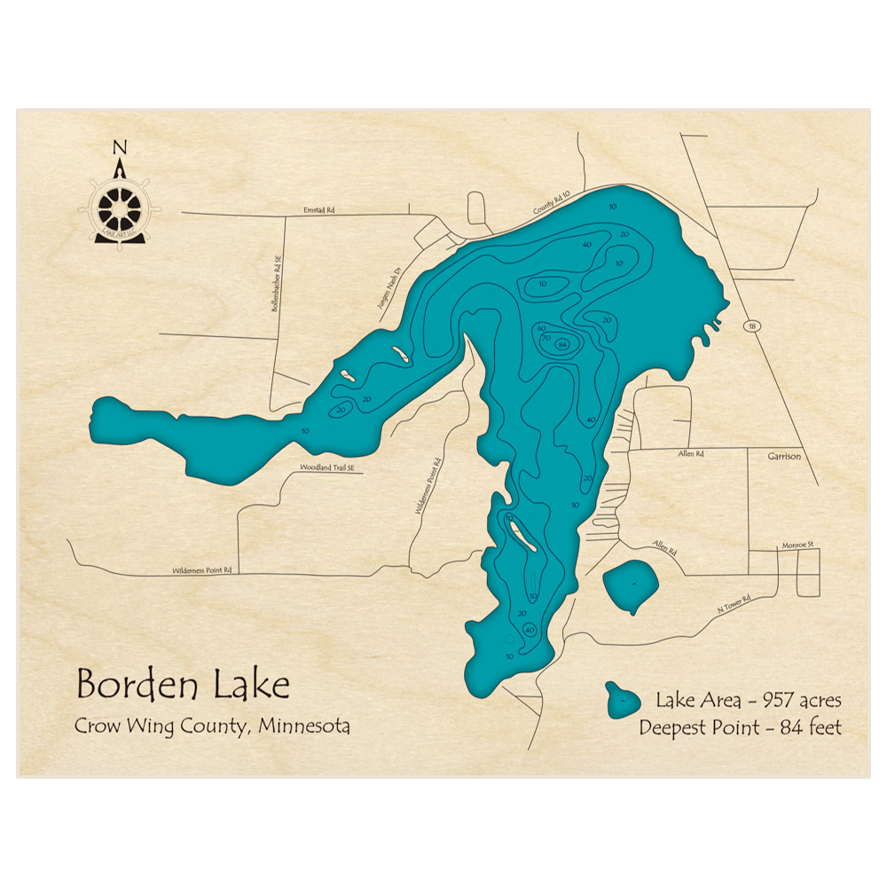 Bathymetric topo map of Borden Lake with roads, towns and depths noted in blue water
