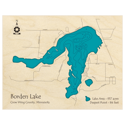 Bathymetric topo map of Borden Lake with roads, towns and depths noted in blue water