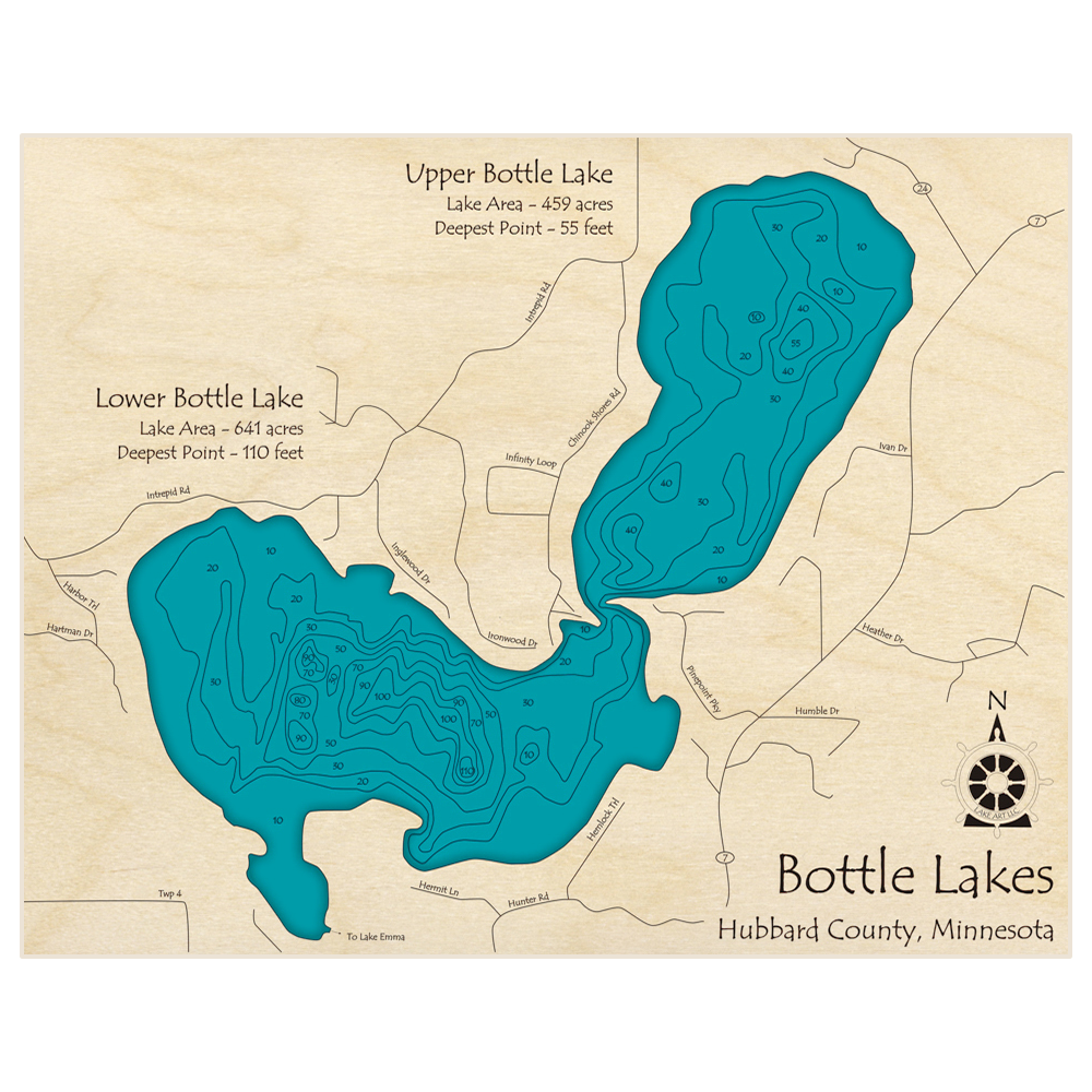 Bathymetric topo map of Bottle Lake (Upper and Lower) with roads, towns and depths noted in blue water