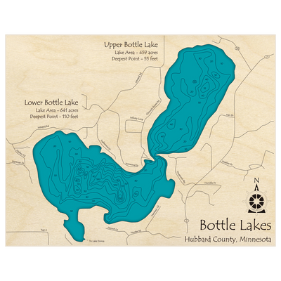 Bathymetric topo map of Bottle Lake (Upper and Lower) with roads, towns and depths noted in blue water