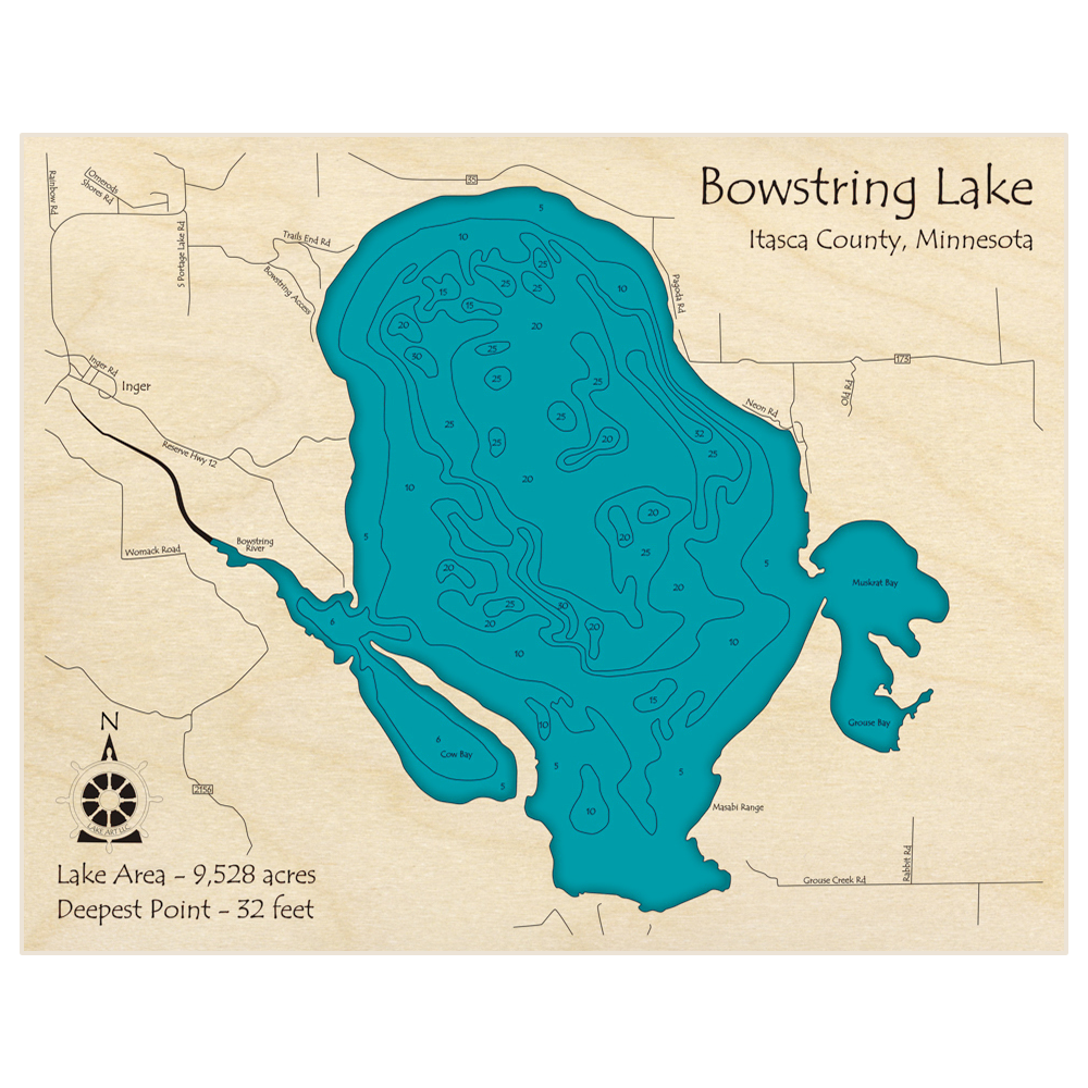 Bathymetric topo map of Bowstring Lake with roads, towns and depths noted in blue water
