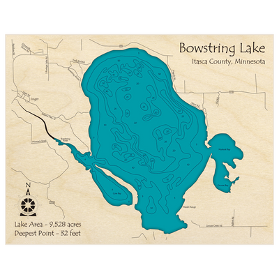 Bathymetric topo map of Bowstring Lake with roads, towns and depths noted in blue water