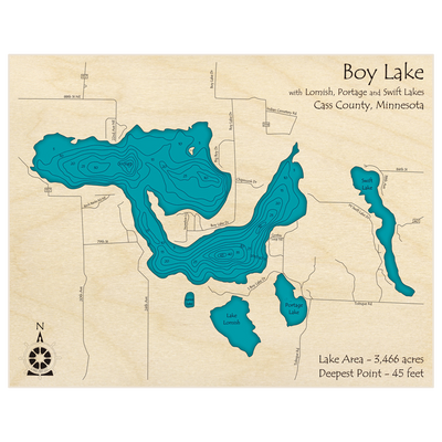 Bathymetric topo map of Boy Lake w/ Lomish Portage and Swift Lakes with roads, towns and depths noted in blue water