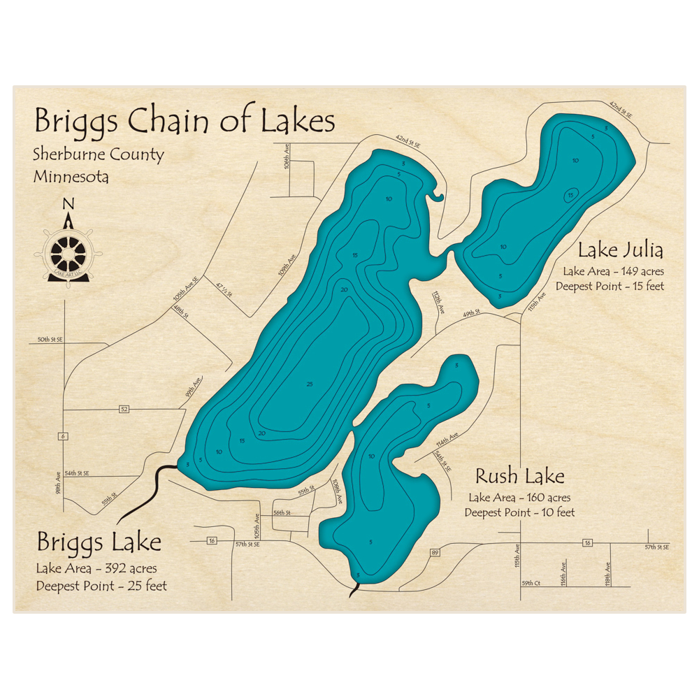Bathymetric topo map of Briggs Chain of Lakes with roads, towns and depths noted in blue water