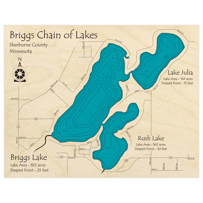 Bathymetric topo map of Briggs Chain of Lakes with roads, towns and depths noted in blue water