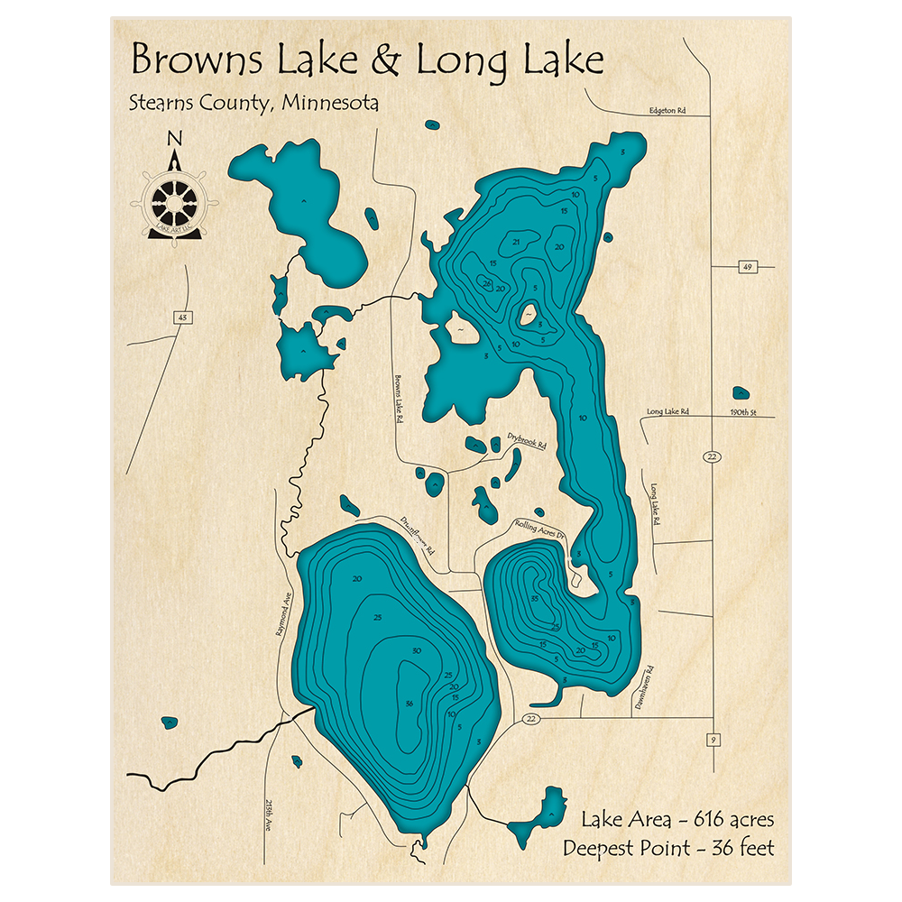 Bathymetric topo map of Browns Lake and Long Lake with roads, towns and depths noted in blue water