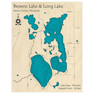 Bathymetric topo map of Browns Lake and Long Lake with roads, towns and depths noted in blue water