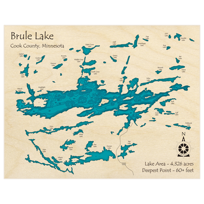 Bathymetric topo map of Brule Lake with roads, towns and depths noted in blue water