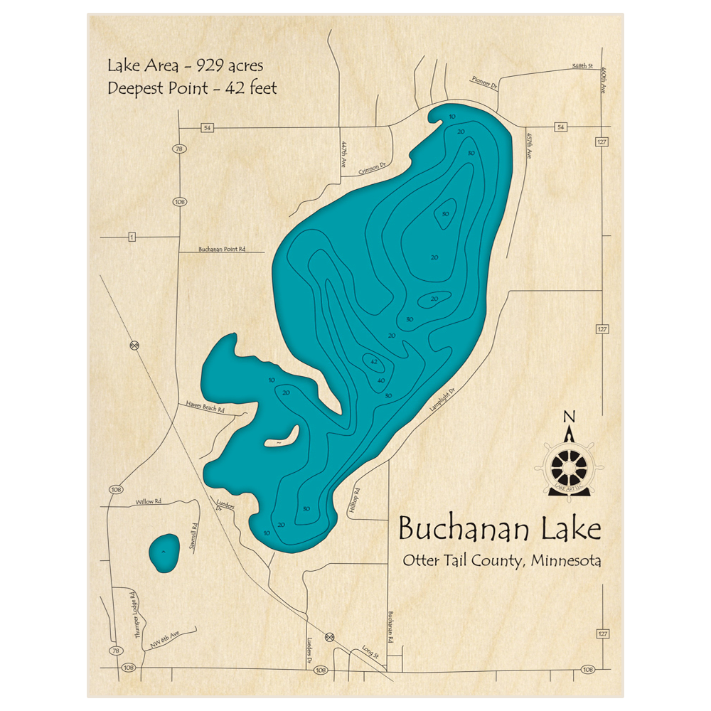 Bathymetric topo map of Buchanan Lake with roads, towns and depths noted in blue water