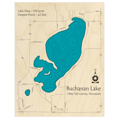 Bathymetric topo map of Buchanan Lake with roads, towns and depths noted in blue water