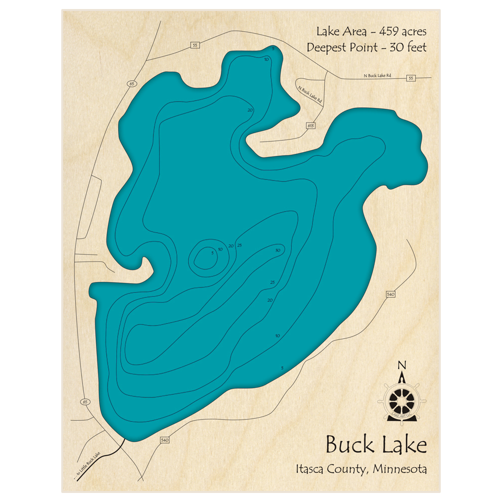 Bathymetric topo map of Buck Lake with roads, towns and depths noted in blue water