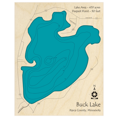 Bathymetric topo map of Buck Lake with roads, towns and depths noted in blue water