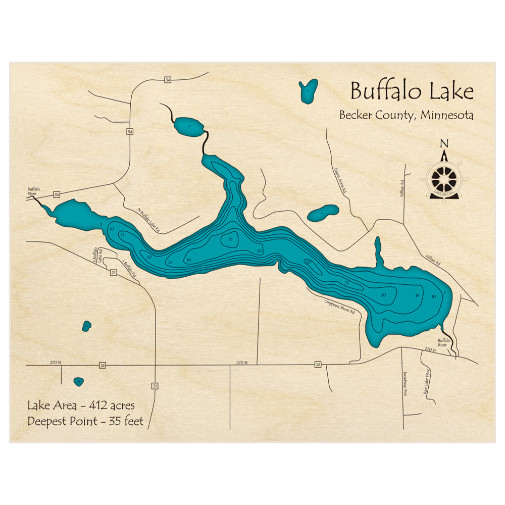 Bathymetric topo map of Buffalo Lake with roads, towns and depths noted in blue water