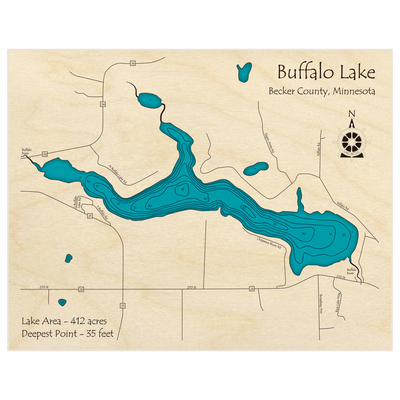 Bathymetric topo map of Buffalo Lake with roads, towns and depths noted in blue water