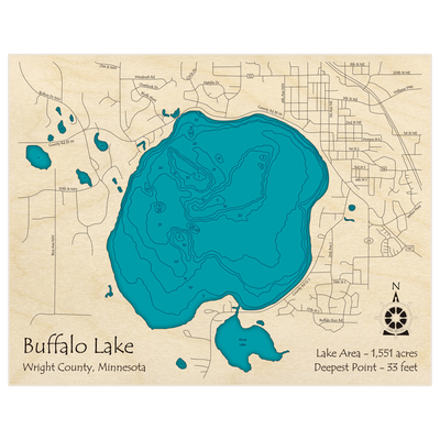 Bathymetric topo map of Buffalo Lake with roads, towns and depths noted in blue water