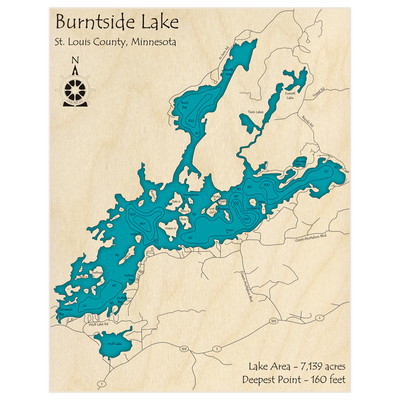Bathymetric topo map of Burntside Lake with roads, towns and depths noted in blue water