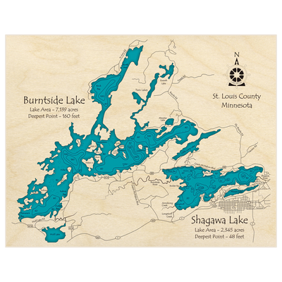 Bathymetric topo map of Burntside Lake and Shagawa Lake with roads, towns and depths noted in blue water