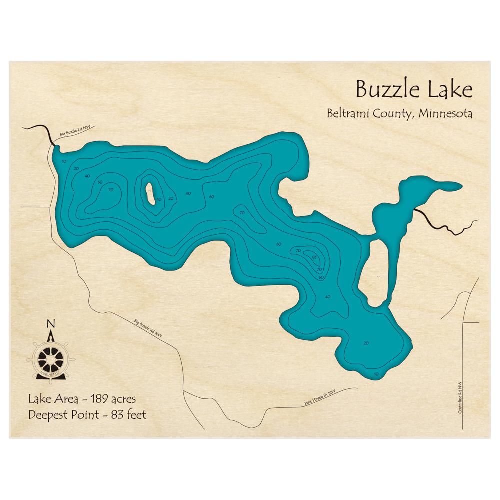 Bathymetric topo map of Buzzle Lake with roads, towns and depths noted in blue water