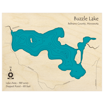 Bathymetric topo map of Buzzle Lake with roads, towns and depths noted in blue water