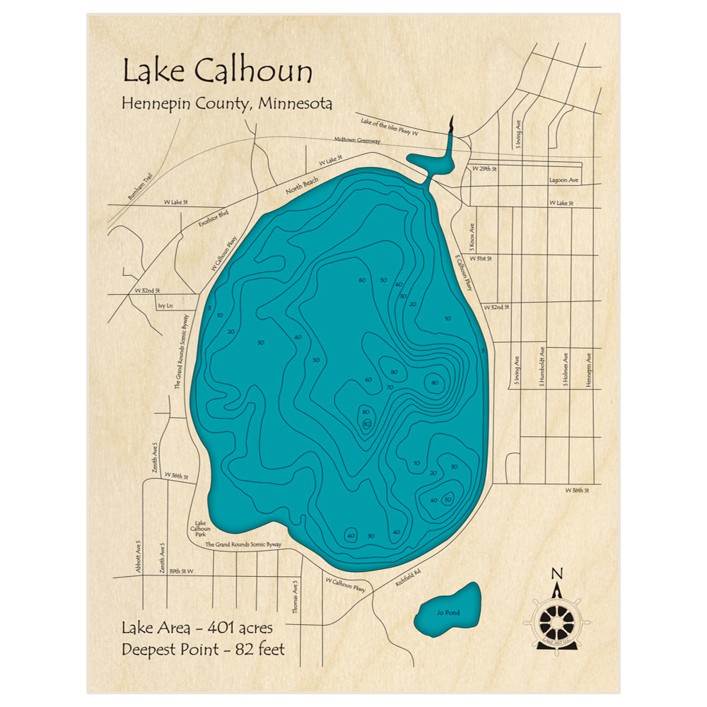 Bathymetric topo map of Lake Calhoun with roads, towns and depths noted in blue water