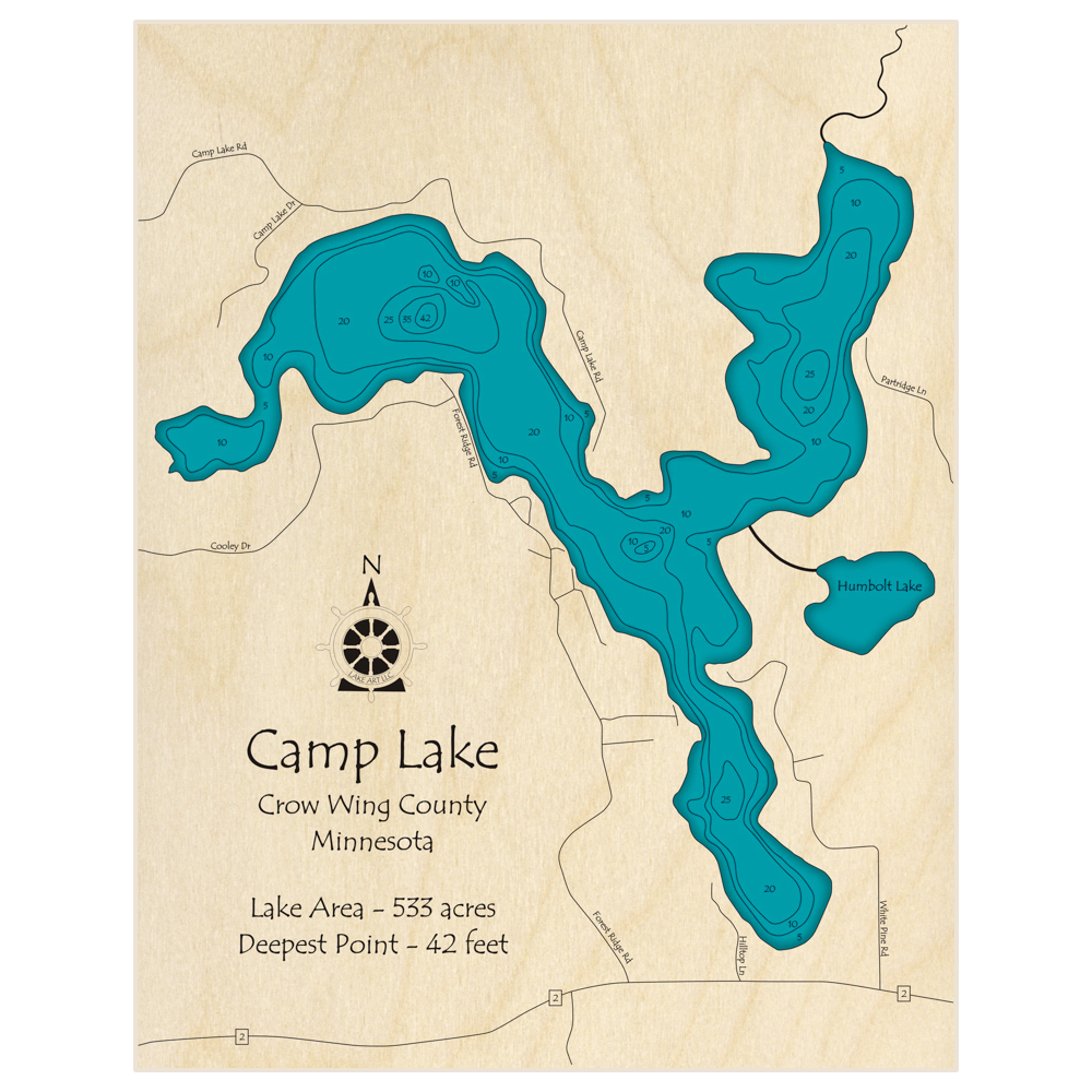 Bathymetric topo map of Camp Lake with roads, towns and depths noted in blue water