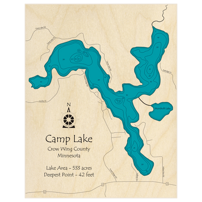 Bathymetric topo map of Camp Lake with roads, towns and depths noted in blue water