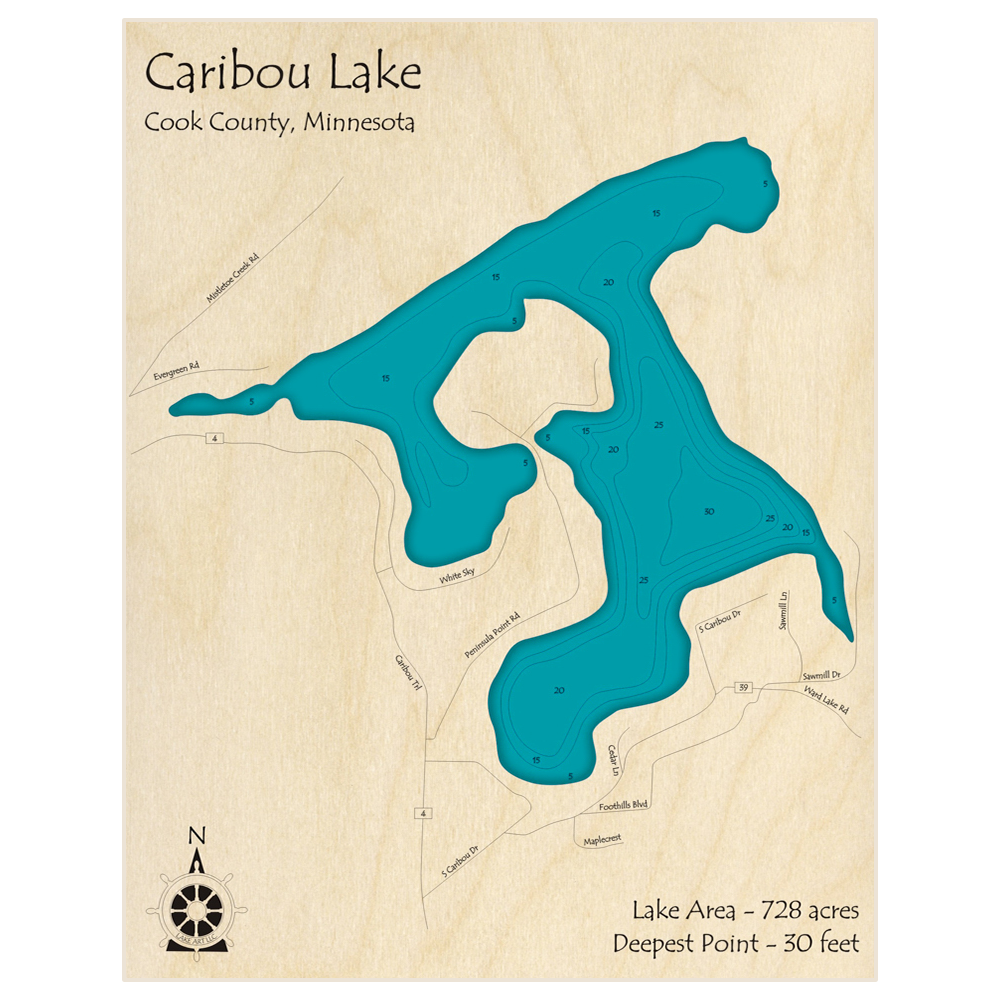 Bathymetric topo map of Caribou Lake with roads, towns and depths noted in blue water