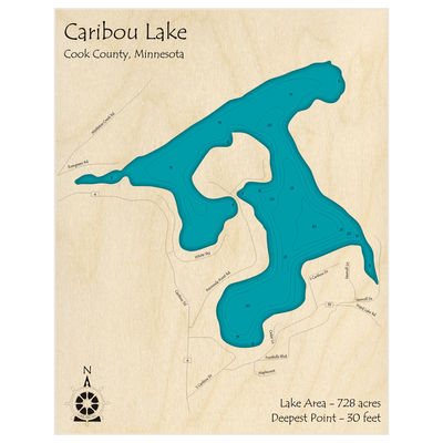 Bathymetric topo map of Caribou Lake with roads, towns and depths noted in blue water