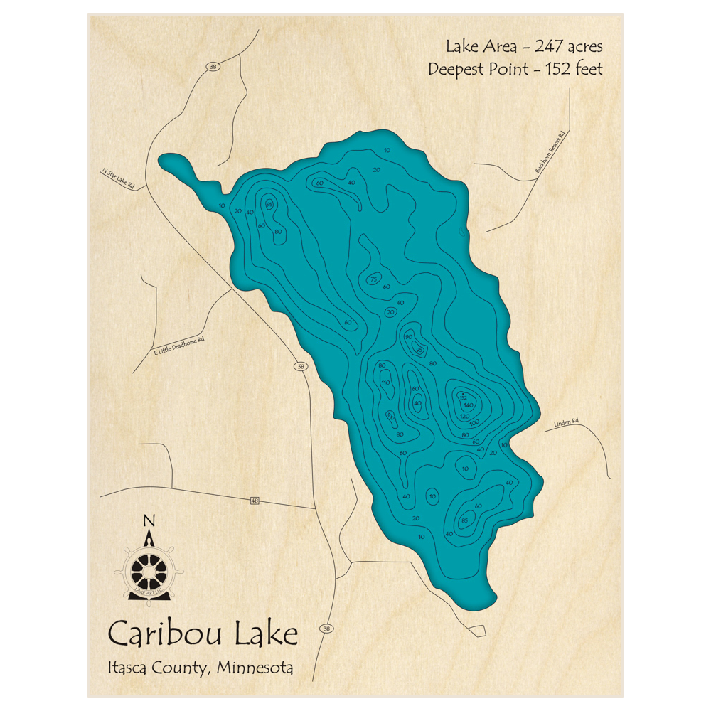 Bathymetric topo map of Caribou Lake with roads, towns and depths noted in blue water