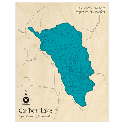 Bathymetric topo map of Caribou Lake with roads, towns and depths noted in blue water