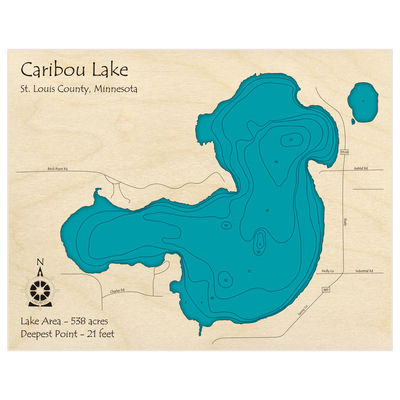 Bathymetric topo map of Caribou Lake with roads, towns and depths noted in blue water